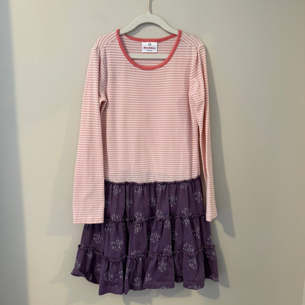 Hanna Andersson Girls Pink Striped Purple Floral‎ Tiered Dress Size 130 US 8-10